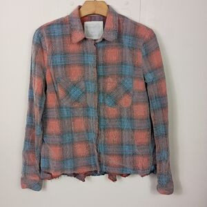 Free People Flannel Shirt Women Small Chambray Plaid Distress Long Sleeve Ruffle